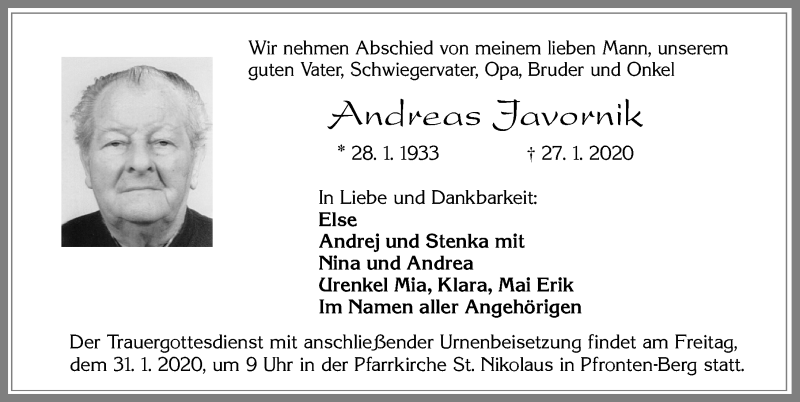  Traueranzeige für Andreas Javornik vom 29.01.2020 aus Allgäuer Zeitung, Füssen
