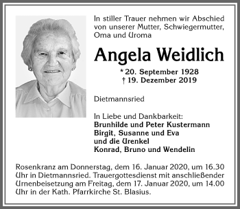 Traueranzeige von Angela Weidlich von Allgäuer Zeitung,Kempten