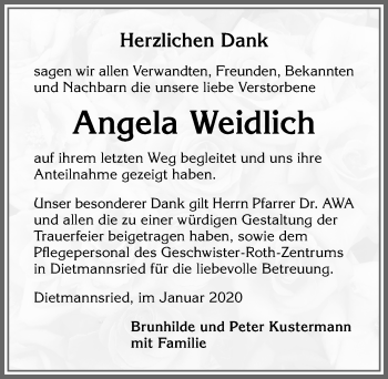 Traueranzeige von Angela Weidlich von Allgäuer Zeitung,Kempten