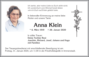 Traueranzeige von Anna Klein von Allgäuer Anzeigeblatt