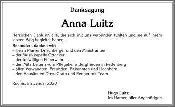Traueranzeige von Anna Luitz von Allgäuer Zeitung,Kempten