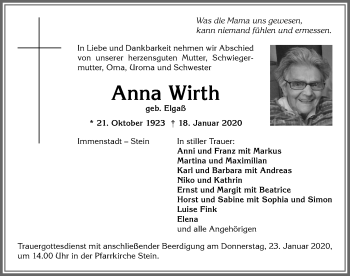 Traueranzeige von Anna Wirth von Allgäuer Anzeigeblatt