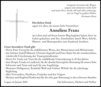 Traueranzeige von Anneliese Franz von Memminger Zeitung