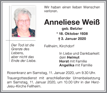 Traueranzeige von Anneliese Weiß von Memminger Zeitung