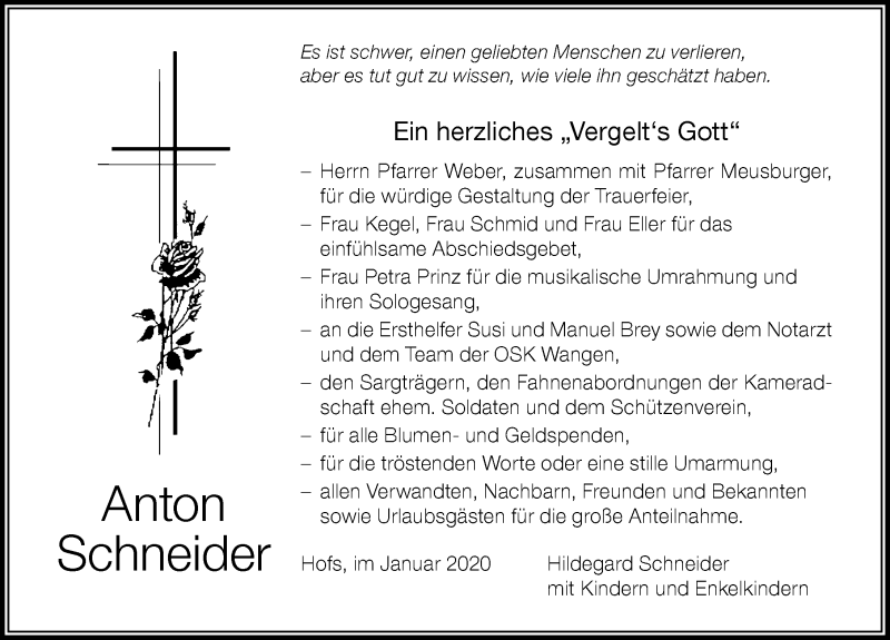  Traueranzeige für Anton Schneider vom 11.01.2020 aus Der Westallgäuer