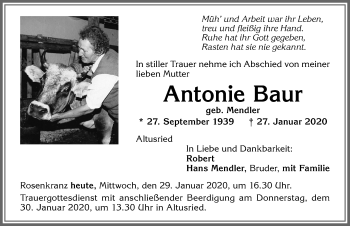 Traueranzeige von Antonie Baur von Allgäuer Zeitung,Kempten