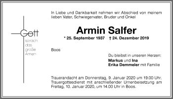 Traueranzeige von Armin Salfer von Memminger Zeitung