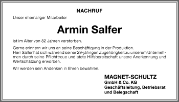 Traueranzeige von Armin Salfer von Memminger Zeitung