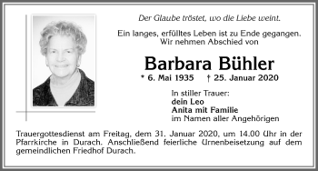 Traueranzeige von Barbara Bühler von Allgäuer Zeitung,Kempten
