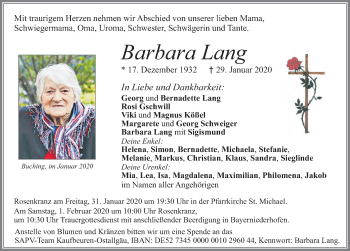 Traueranzeige von Barbara Lang von Allgäuer Zeitung, Füssen