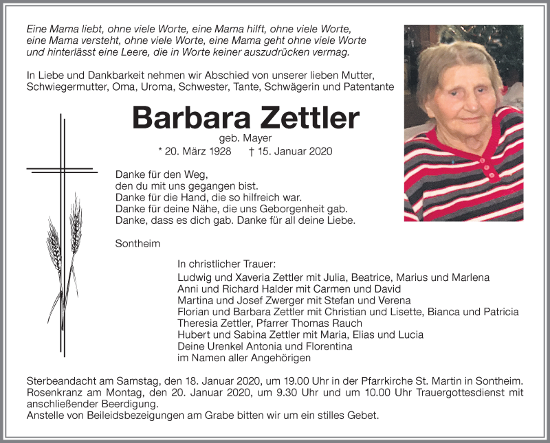  Traueranzeige für Barbara Zettler vom 17.01.2020 aus Memminger Zeitung