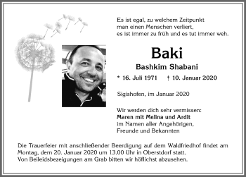 Traueranzeige von Bashkim Shabani von Allgäuer Anzeigeblatt