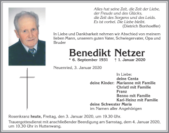Traueranzeige von Benedikt Netzer von Allgäuer Zeitung, Marktoberdorf