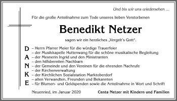 Traueranzeige von Benedikt Netzer von Allgäuer Zeitung, Marktoberdorf