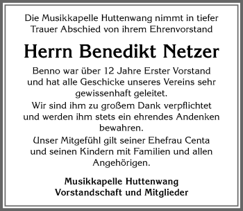 Traueranzeige von Benedikt Netzer von Allgäuer Zeitung, Marktoberdorf