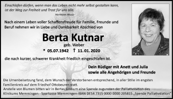 Traueranzeige von Berta Kutnar von Memminger Zeitung