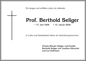 Traueranzeige von Berthold Seliger von Allgäuer Anzeigeblatt