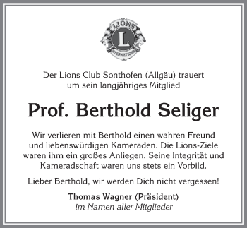 Traueranzeige von Berthold Seliger von Allgäuer Anzeigeblatt