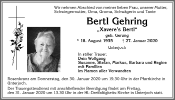 Traueranzeige von Bertl Gehring von Allgäuer Anzeigeblatt