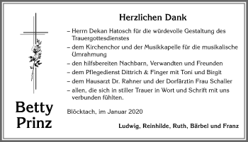 Traueranzeige von Betty Prinz von Allgäuer Zeitung, Kaufbeuren/Buchloe