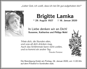 Traueranzeige von Brigitte Lamka von Allgäuer Anzeigeblatt