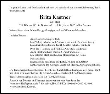 Traueranzeige von Brita Kastner von Allgäuer Zeitung, Kaufbeuren/Buchloe