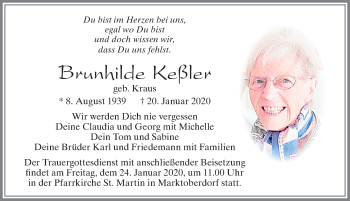 Traueranzeige von Brunhilde Keßler von Allgäuer Zeitung, Marktoberdorf