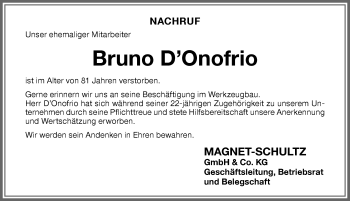 Traueranzeige von Bruno D’Onofrio von Memminger Zeitung