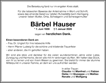 Traueranzeige von Bärbel Hauser von Memminger Zeitung