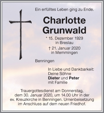 Traueranzeige von Charlotte Grunwald von Memminger Zeitung