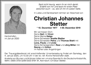 Traueranzeige von Christian Johannes Stetter von Memminger Zeitung