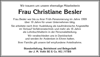 Traueranzeige von Christiane Besler von Allgäuer Anzeigeblatt