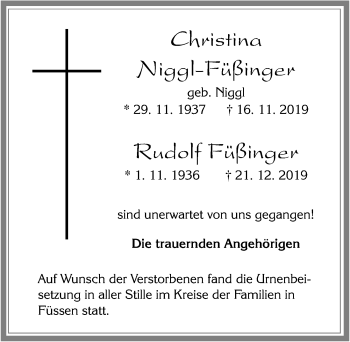 Traueranzeige von Christina Niggl-Füßinger von Allgäuer Zeitung, Füssen