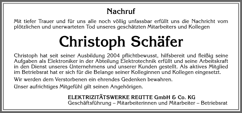  Traueranzeige für Christoph Schäfer vom 14.01.2020 aus Allgäuer Zeitung, Füssen
