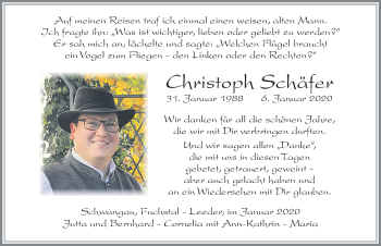 Traueranzeige von Christoph Schäfer von Allgäuer Zeitung, Füssen