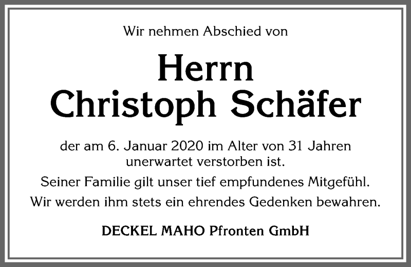  Traueranzeige für Christoph Schäfer vom 15.01.2020 aus Allgäuer Zeitung, Füssen
