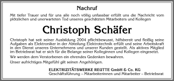 Traueranzeige von Christoph Schäfer von Allgäuer Zeitung, Füssen