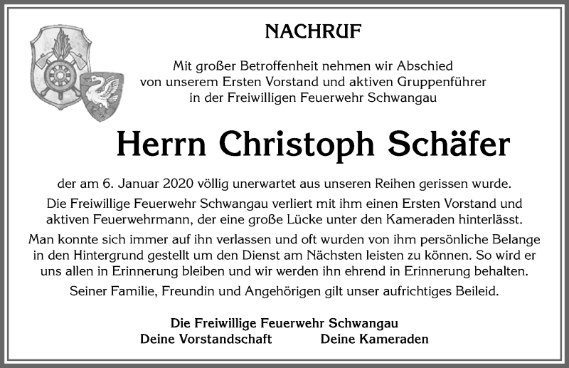  Traueranzeige für Christoph Schäfer vom 11.01.2020 aus Allgäuer Zeitung, Füssen