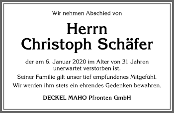 Traueranzeige von Christoph Schäfer von Allgäuer Zeitung, Füssen