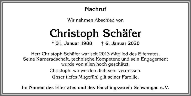  Traueranzeige für Christoph Schäfer vom 11.01.2020 aus Allgäuer Zeitung, Füssen