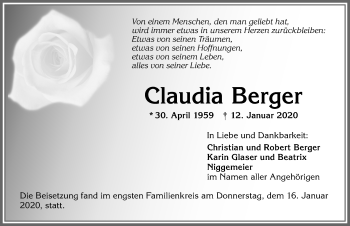 Traueranzeige von Claudia Berger von Allgäuer Zeitung,Kempten