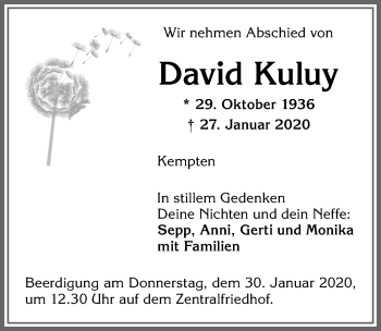 Traueranzeige von David Kuluy von Allgäuer Zeitung,Kempten