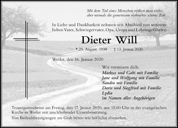 Traueranzeige von Dieter Will von Der Westallgäuer