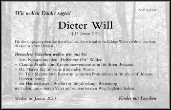 Traueranzeige von Dieter Will von Der Westallgäuer