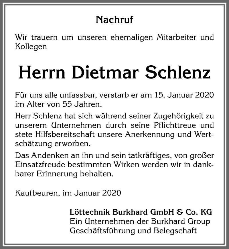  Traueranzeige für Dietmar Schlenz vom 29.01.2020 aus Allgäuer Zeitung, Kaufbeuren/Buchloe