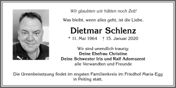 Traueranzeige von Dietmar Schlenz von Allgäuer Zeitung, Kaufbeuren/Buchloe