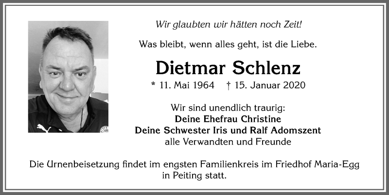  Traueranzeige für Dietmar Schlenz vom 24.01.2020 aus Allgäuer Zeitung, Kaufbeuren/Buchloe