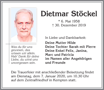 Traueranzeige von Dietmar Stöckel von Allgäuer Zeitung,Kempten