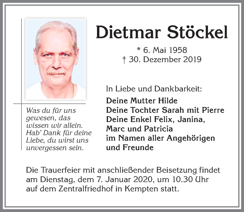  Traueranzeige für Dietmar Stöckel vom 04.01.2020 aus Allgäuer Zeitung,Kempten