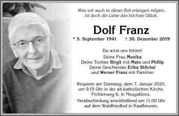 Traueranzeige von Dolf Franz von Allgäuer Zeitung, Kaufbeuren/Buchloe